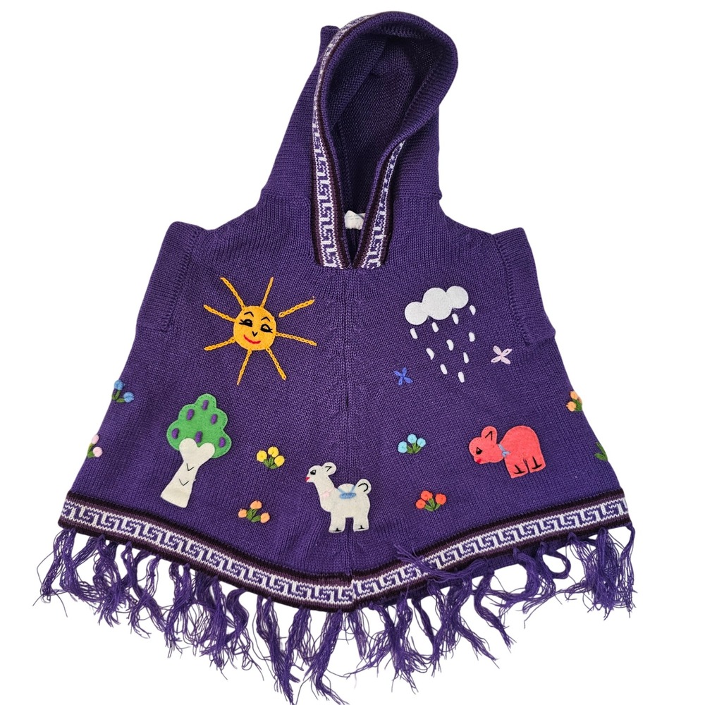 Play Fair Kids Purple Knit Hooded Poncho Llama Sun Embroidery SM